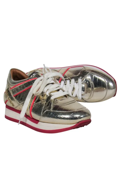Jimmy Choo - Gold Reptile Embossed Lace-Up Platform Sneakers w/ Pink Trim Sz 5.5