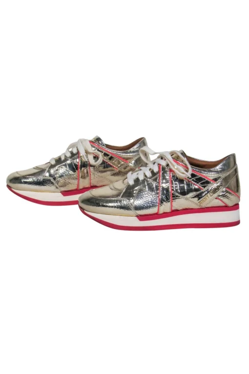 Jimmy Choo - Gold Reptile Embossed Lace-Up Platform Sneakers w/ Pink Trim Sz 5.5