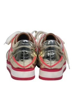 Jimmy Choo - Gold Reptile Embossed Lace-Up Platform Sneakers w/ Pink Trim Sz 5.5