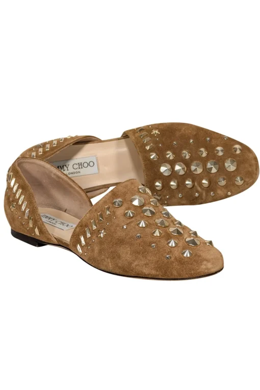 Jimmy Choo - Tan Suede w/ Gold Studded Trim Flats Sz 6