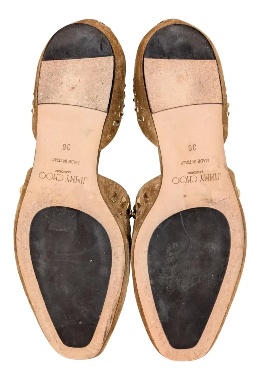 Jimmy Choo - Tan Suede w/ Gold Studded Trim Flats Sz 6