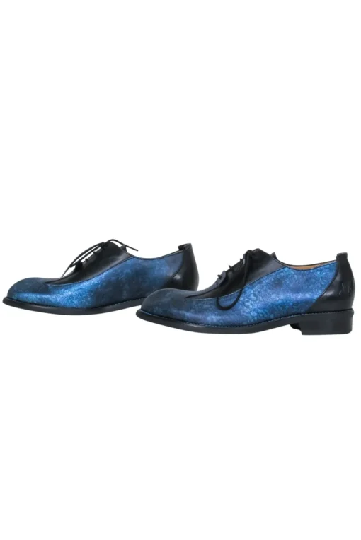 John Fluevog - Blue & Black Metallic Speckled Leather Lace-Up “Sea Angel” Loafers Sz 7.5