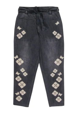 Johnny Was - Black Embroidered Cotton Pants w/ Tie Waist Sz M