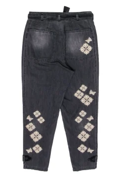 Johnny Was - Black Embroidered Cotton Pants w/ Tie Waist Sz M