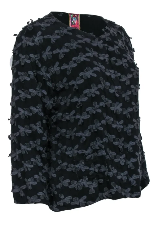 Johnny Was - Black Floral Applique Long Sleeve Shirt Sz M
