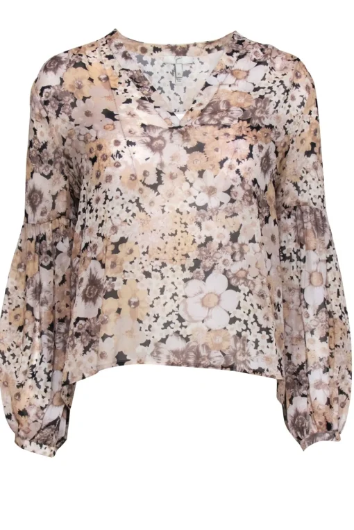 Joie - Beige & Black Floral Print Sheer Silk Blouse Sz XS
