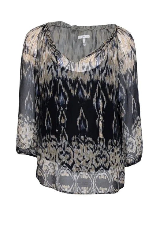 Joie - Beige & Black Print Silk Semi Sheer Blouse Sz S
