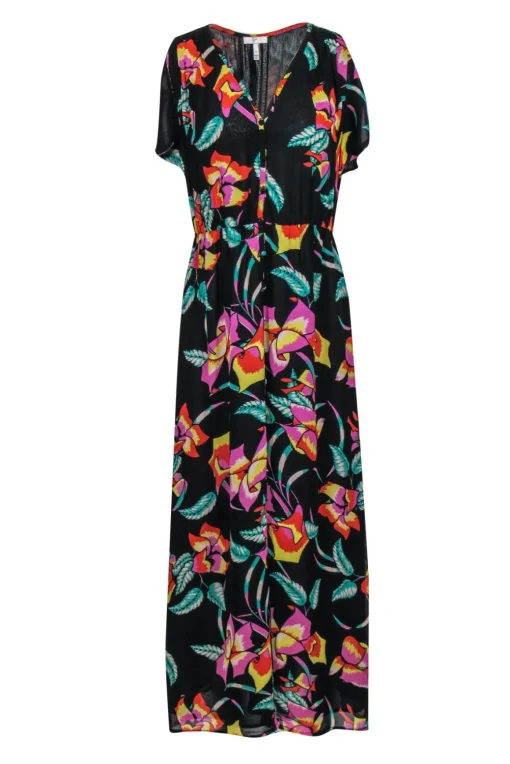 Joie - Black & Multicolor Tropical Floral Print Silk Maxi Dress Sz XS