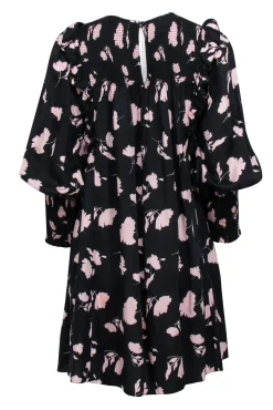 Joie - Black & Pink Floral Print Smocked Babydoll Dress w/ Ruffles Sz S