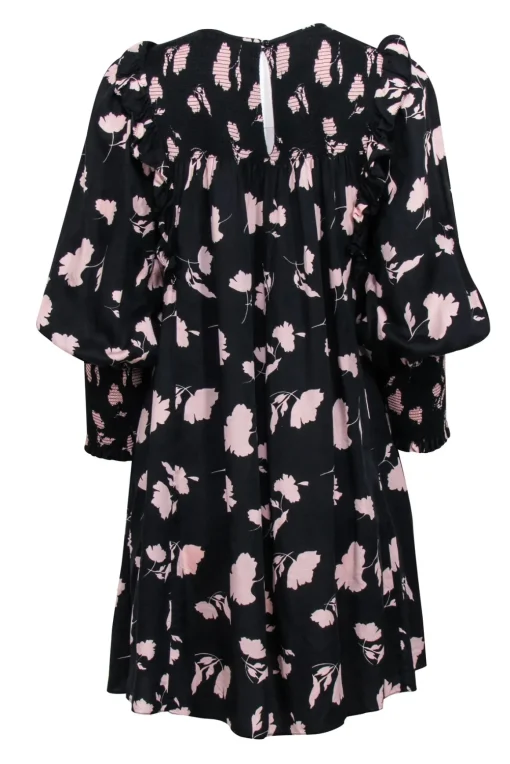 Joie - Black & Pink Floral Print Smocked Babydoll Dress w/ Ruffles Sz S