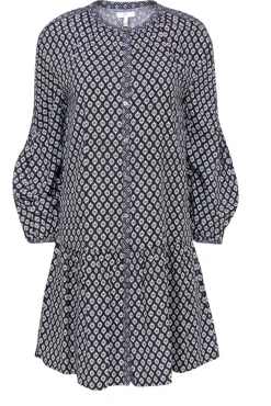 Joie - Black & White Floral Print Long Sleeve Button-Up Drop Waist Dress Sz S