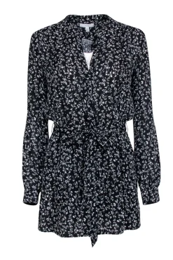 Joie - Black & White Floral Long Sleeve Quarter Button Down Dress Sz XS