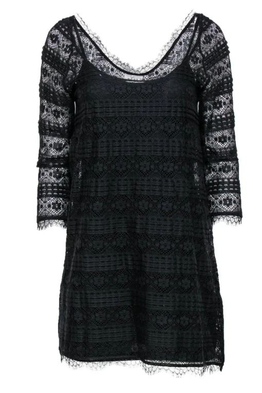 Joie - Black Lace Three-Quarter Sleeve Shift Dress Sz S