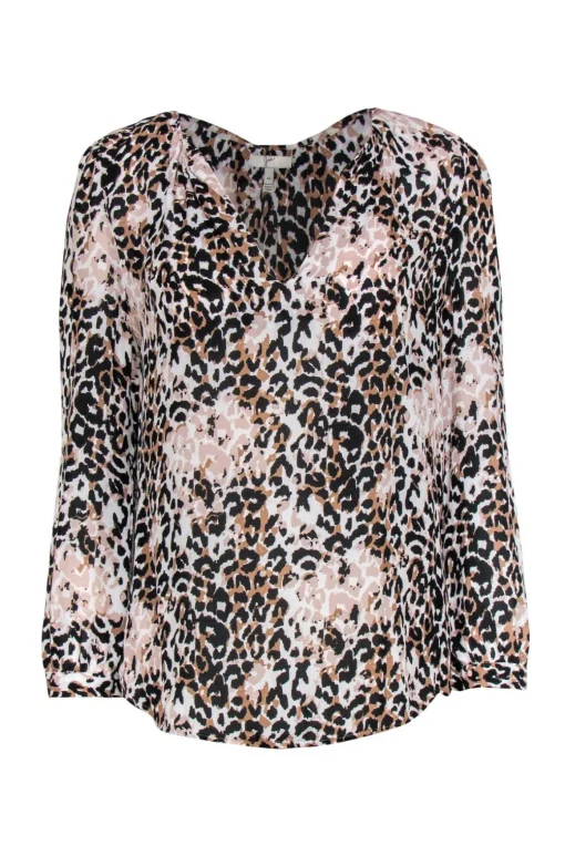 Joie - Black, Pink & White Leopard Printed Silk Blouse Sz M