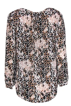 Joie - Black, Pink & White Leopard Printed Silk Blouse Sz M