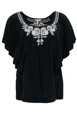 Joie - Black Silk Ruffle Sleeve Embroidered Blouse Sz S