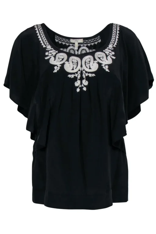 Joie - Black Silk Ruffle Sleeve Embroidered Blouse Sz S
