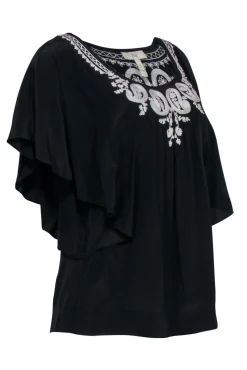 Joie - Black Silk Ruffle Sleeve Embroidered Blouse Sz S