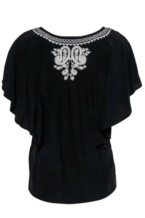 Joie - Black Silk Ruffle Sleeve Embroidered Blouse Sz S