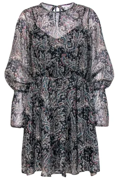 Joie - Black, Teal & Beige Paisley Print Bell Sleeve Dress w/ Metallic Threading Sz S