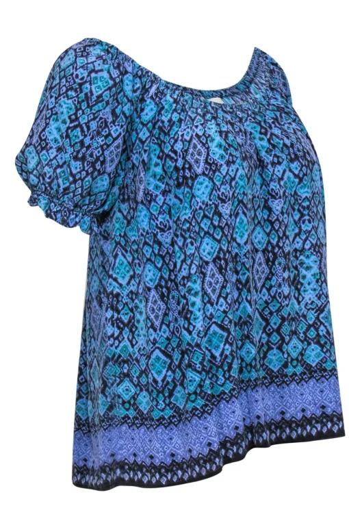 Joie - Blue & Purple Printed Puff Sleeve Blouse Sz M