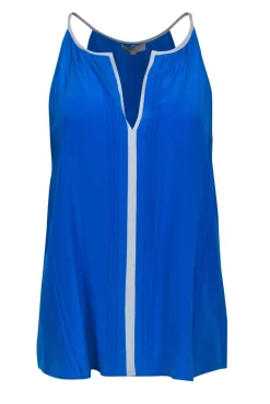 Joie - Blue Pleated Silk Racerback "Odilion" Tank w/ White Trim Sz M