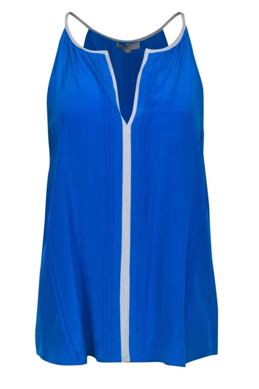 Joie - Blue Pleated Silk Racerback "Odilion" Tank w/ White Trim Sz M