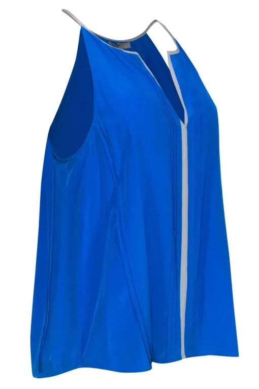Joie - Blue Pleated Silk Racerback "Odilion" Tank w/ White Trim Sz M