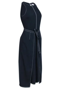 Joie - Navy Cropped Wide Leg Draped Jumpsuit w/ Tie & White Stitching Sz 2