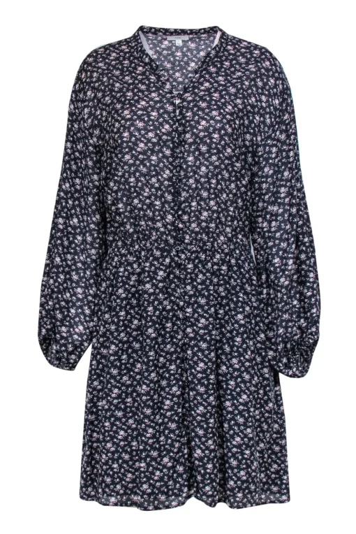 Joie - Navy Floral Print Long Sleeve Button-Front Shift Dress Sz L