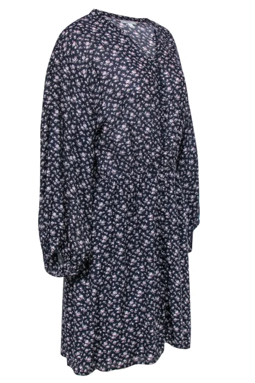 Joie - Navy Floral Print Long Sleeve Button-Front Shift Dress Sz L