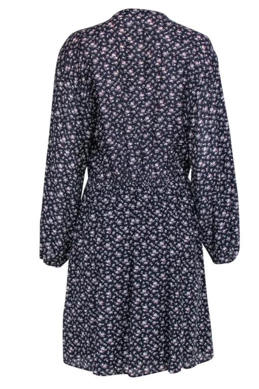 Joie - Navy Floral Print Long Sleeve Button-Front Shift Dress Sz L