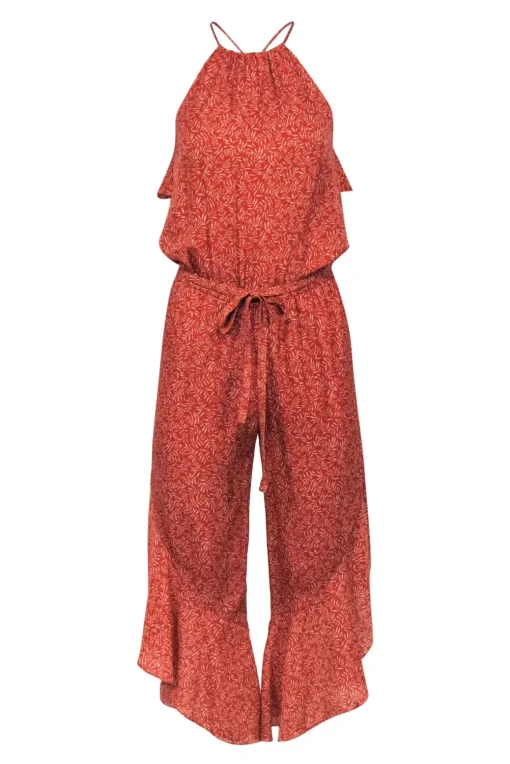 Joie - Orange & Beige Leaf Print Flared Belted Jumpsuit Sz XS