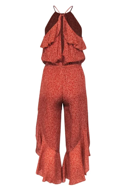 Joie - Orange & Beige Leaf Print Flared Belted Jumpsuit Sz XS
