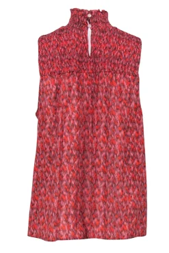 Joie - Red & Pink Patterned Silk Mock Neck Sleeveless Top Sz M