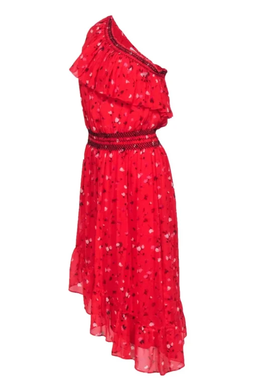 Joie - Red Asymmetrical One-Shoulder Floral Print Silk Dress Sz S