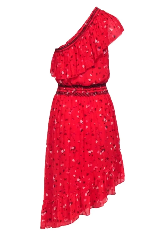 Joie - Red Asymmetrical One-Shoulder Floral Print Silk Dress Sz S