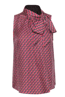 Joie - Red, Black & White Chain Pattern Silk Tie Front Blouse Sz S