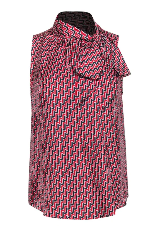 Joie - Red, Black & White Chain Pattern Silk Tie Front Blouse Sz S