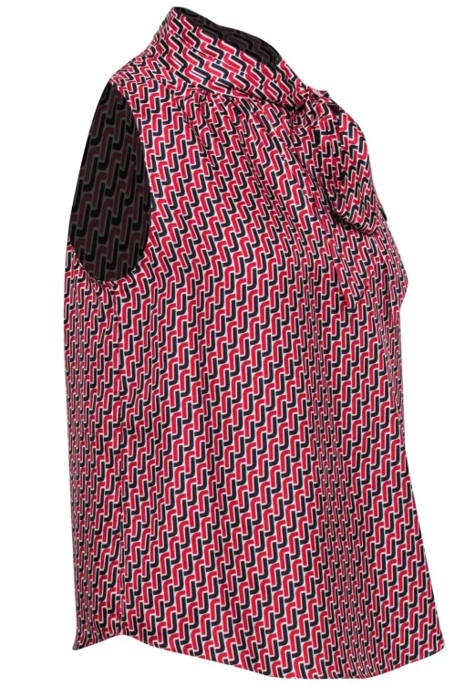 Joie - Red, Black & White Chain Pattern Silk Tie Front Blouse Sz S