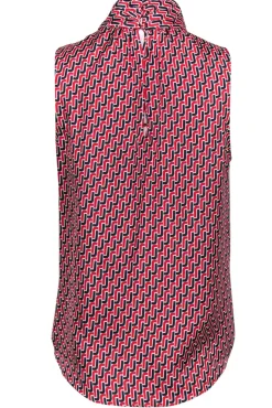Joie - Red, Black & White Chain Pattern Silk Tie Front Blouse Sz S