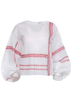 Joie - White Cotton Puff Sleeve Peasant Blouse w/ Red Stitching Sz XS