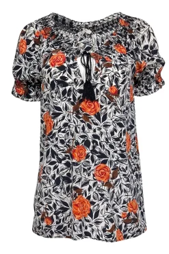 Joie - White, Navy & Red Floral Short Sleeve w/ Tassels Top Sz XS