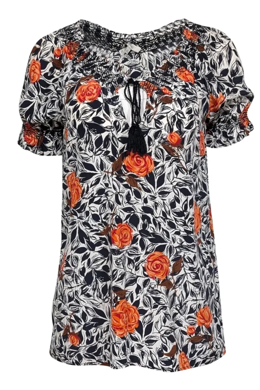 Joie - White, Navy & Red Floral Short Sleeve w/ Tassels Top Sz XS