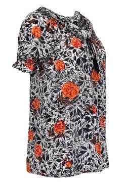 Joie - White, Navy & Red Floral Short Sleeve w/ Tassels Top Sz XS