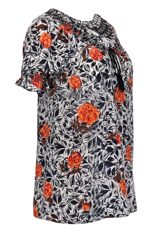 Joie - White, Navy & Red Floral Short Sleeve w/ Tassels Top Sz XS