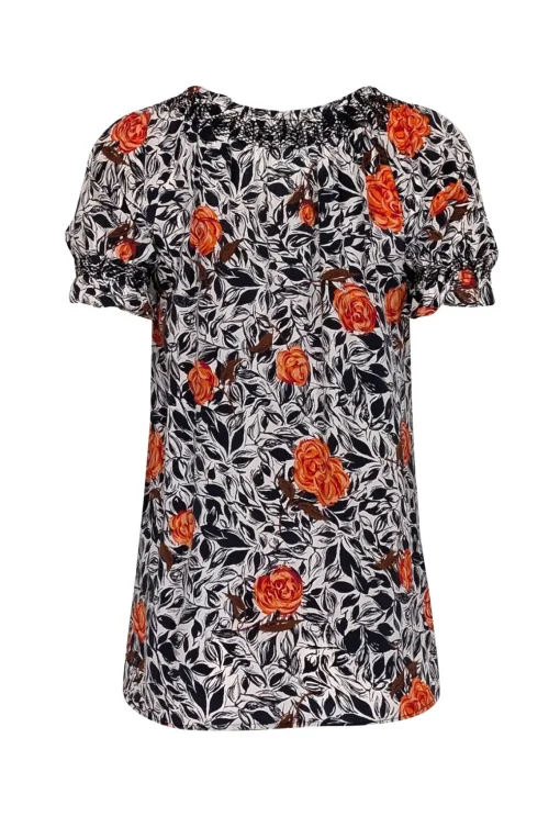 Joie - White, Navy & Red Floral Short Sleeve w/ Tassels Top Sz XS