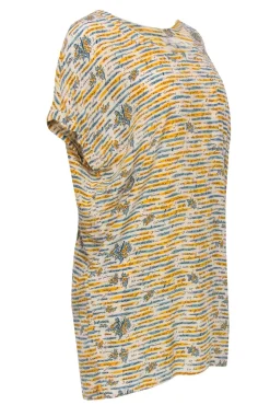 Joie - White, Yellow & Blue Floral & French Text Print Silk Shift Dress Sz XS