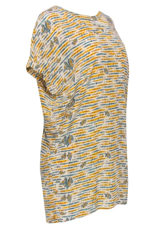 Joie - White, Yellow & Blue Floral & French Text Print Silk Shift Dress Sz XS