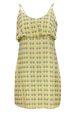 Joie - Yellow, White & Blue Geometric Print Spaghetti Strap Silk Shift Dress w/ Flounce Sz S